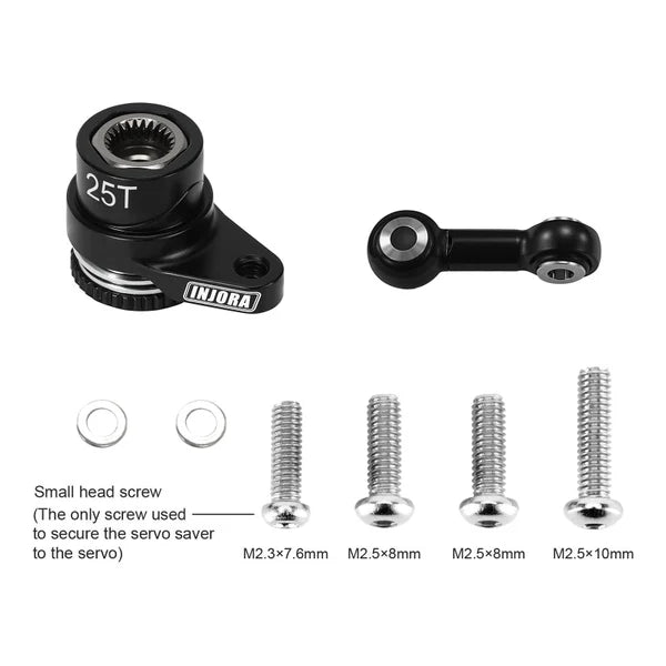 INJORA 25T aluminum servo saver with steering linkage and included mounting hardware and screws