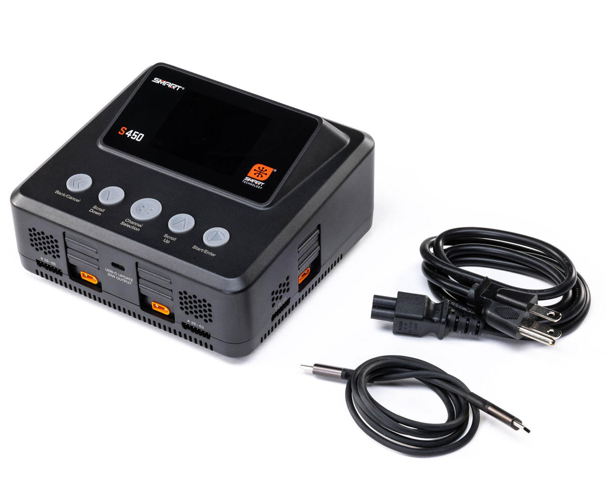 Spektrum S450 G2 charger with included power cable and USB-C accessory